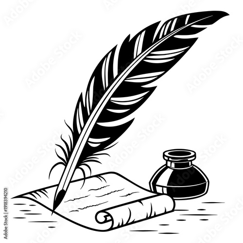 A vintage-style black and white illustration of a quill pen dipping into an inkwell beside a rolled scroll of paper, representing writing and literature.