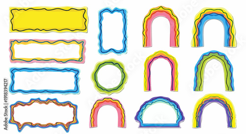 Coleção vibrante de molduras e arcos vetoriais com bordas orgânicas e estilo doodle para design gráfico e elementos decorativos.