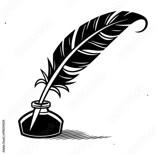 A classic black and white illustration depicts a quill pen resting inside an ink bottle, with subtle hatching for shadow, evoking a sense of historical writing.