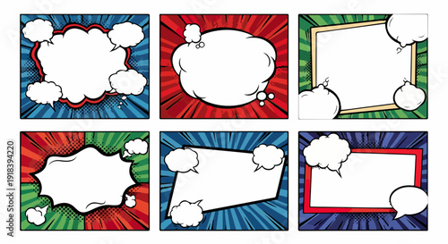 Seis balões de fala e caixas de texto estilo quadrinhos, com fundos coloridos de raios de ação, ideais para designs gráficos, pop art e comunicação visual.