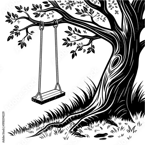 Black and white illustration of a wooden swing hanging from a large, gnarled tree branch, evoking childhood memories and nostalgia.