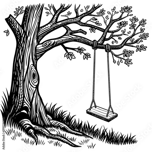 Hand-drawn black and white illustration of a wooden swing suspended from a mature tree, conveying a feeling of simple joys and pastimes.