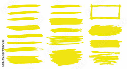 Coleção de traços e pinceladas amarelas de marca-texto, com linhas sublinhadas e um retângulo desenhado à mão, ideal para realçar informações.