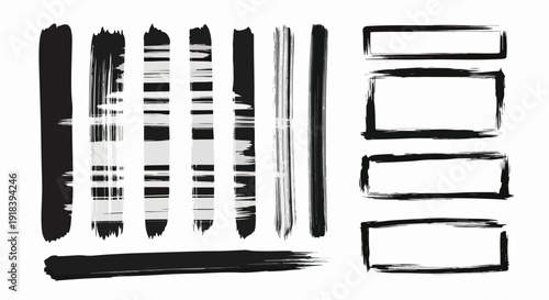 Conjunto de traços de pincel e molduras retangulares desenhados à mão com tinta preta, oferecendo texturas grunge e elementos gráficos abstratos para design.
