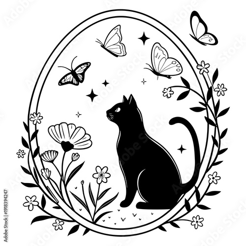 Mystical black and white illustration of a black cat surrounded by blooming flowers, fluttering butterflies, stars, and a crescent moon within an oval frame.