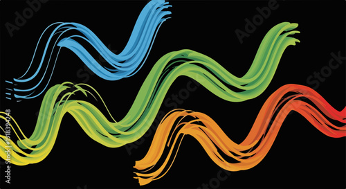 Linhas abstratas onduladas e coloridas, semelhantes a pinceladas digitais, fluem dinamicamente sobre um fundo preto, representando movimento e energia criativa.