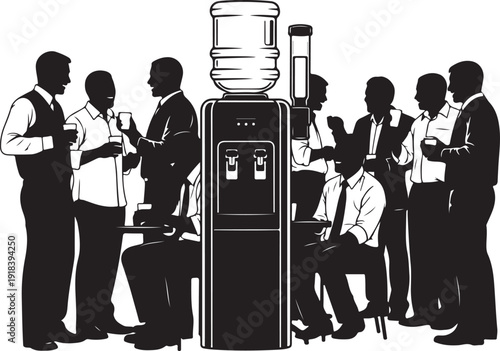 Silhouetted business people gathered around a water cooler office break time meeting
