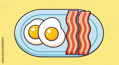 Ilustração vetorial de um prato azul com dois ovos fritos e duas fatias de bacon crocante, representando um café da manhã clássico.