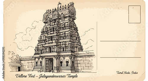 Ilustração vintage de um cartão postal do Templo Jalagandeswarar no Forte Vellore, Índia, representando a rica arquitetura cultural.