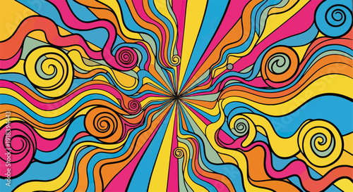 Padrão psicodélico abstrato vibrante com ondas coloridas e espirais, evocando a estética retrô dos anos 60 e 70.