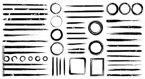 Coleção de elementos gráficos grunge desenhados à mão, incluindo pinceladas, linhas, círculos e quadrados com textura de tinta preta.