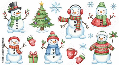 Coleção encantadora de bonecos de neve festivos, árvore de Natal, flocos de neve e elementos de inverno para celebrar a época.