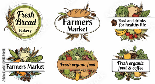 Coleção de rótulos e emblemas de alimentos frescos, mercado de agricultores e padaria, com elementos orgânicos e saudáveis em estilo desenhado à mão.
