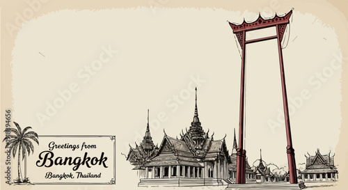 Ilustração vintage de Bangkok, Tailândia, destacando o Baloiço Gigante e templos tradicionais, com saudações de viagem.