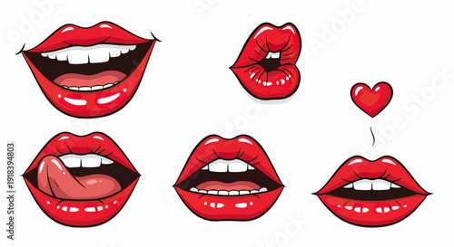 Ilustração vetorial de lábios vermelhos brilhantes com diversas expressões, incluindo beijo, sorriso e língua, em estilo pop art de quadrinhos.