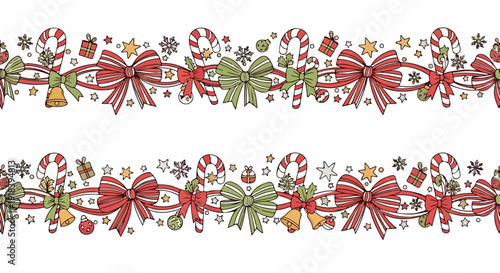 Padrão sem costura de bordas festivas de Natal com laços, bengalas doces, presentes e sinos em estilo desenhado à mão para decorações de feriado.
