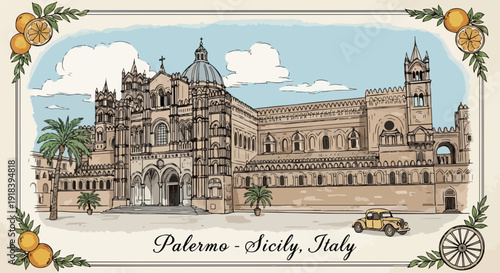 Ilustração vintage da Catedral de Palermo, Sicília, Itália, destacando sua arquitetura majestosa, palmeiras e um carro clássico, com moldura cítrica.