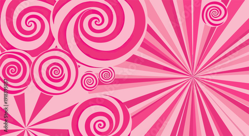 Sfondo vibrante e giocoso con lecca-lecca a spirale rosa di varie dimensioni e motivi a raggi, perfetto per design dolci.
