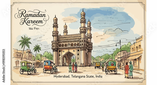 Illustrazione vintage disegnata a mano del Charminar a Hyderabad, India, con un saluto Ramadan Kareem e una vivace scena di strada.