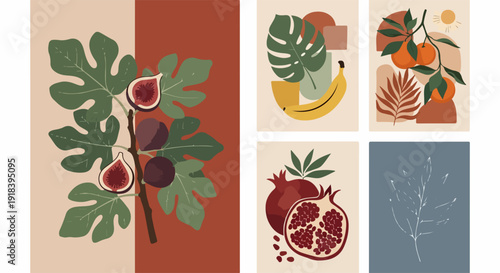 Set di illustrazioni botaniche astratte e minimaliste con fichi, melograni, arance e foglie tropicali, perfette per l'arte murale moderna.