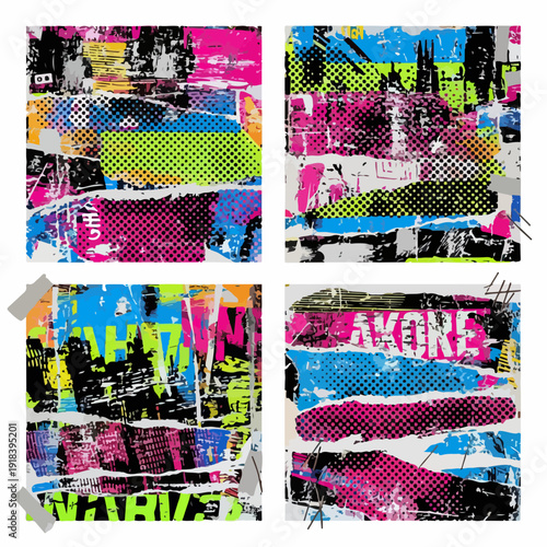 Quattro collage astratti e vibranti in stile urbano grunge, con texture di carta strappata e colori al neon, perfetti per sfondi moderni.