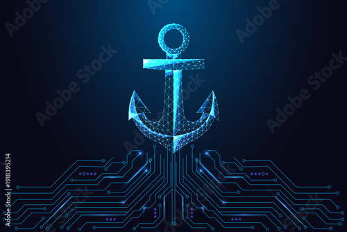 Digital Anchor over circuit board. AI Stability, Security, Reliability Concept Vector Illustration