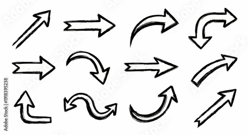 Una collezione di dodici frecce disegnate a mano con stili e direzioni diverse, ideali per indicare percorsi o concetti.