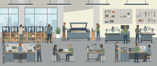 Flat vector illustration of a modern makerspace workshop featuring diverse people using 3D printers, laser cutters, CNC machines, and computers for digital fabrication and creative prototyping.