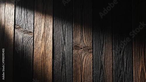 Dramatic wooden wall with natural wood grain texture and sunlit beams casting shadows