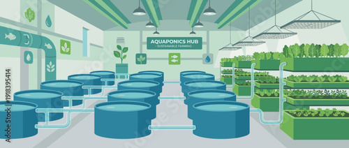 Modern indoor aquaponics facility flat vector illustration with fish tanks and vertical growing beds for sustainable farming, organic food production, and eco-friendly agricultural technology.