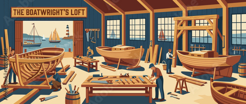 Flat vector illustration of a traditional boat building workshop with carpenters crafting wooden boat hulls using hand tools, workbenches, and a scenic ocean view with sailboats and lighthouse.