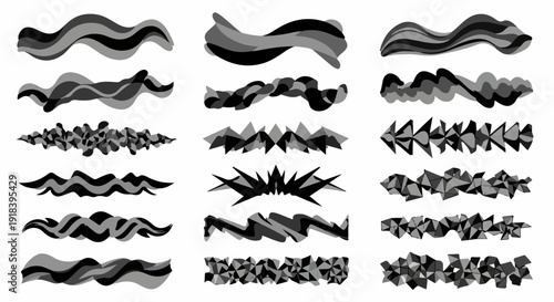 Una collezione versatile di pennellate astratte e linee decorative in bianco e nero, perfette per aggiungere stile e dinamismo a qualsiasi progetto grafico.