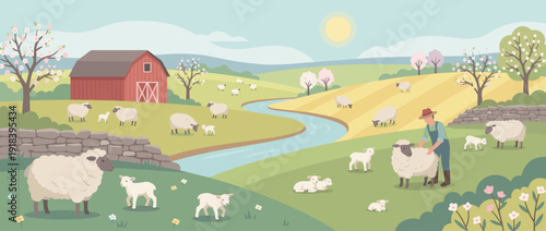 Pastoral farm landscape in spring with sheep and newborn lambs grazing in green meadows near a red barn, winding river, and blossoming trees; flat vector illustration of rural lambing season.