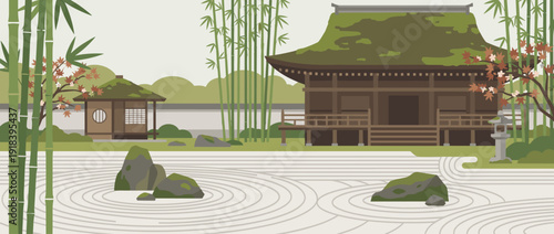 Peaceful Japanese Zen Garden Vector Illustration with Raked Gravel, Mossy Rocks, Bamboo Forest, Traditional Buddhist Temple Architecture, Stone Lantern, and Serene Minimalist Landscape Scene.
