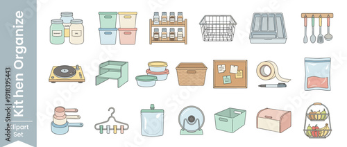 Vector Icon Set of 20 Kitchen Organization and Pantry Storage Items in Flat Design and Pastel Colors. Includes Jars, Bins, Spice Rack, Baskets, Drawer Organizers, Food Containers, and Home Clipart.