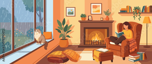 Cozy Rainy Day Scene with Woman Reading by Fireplace and Cat on Windowsill, Flat Vector Illustration of Warm Living Room Interior with Books and Plants, Hygge Home Atmosphere and Relaxing Vibes