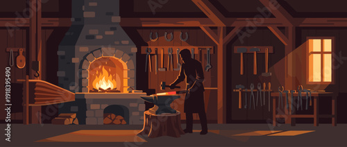 Flat vector illustration of a traditional blacksmith forge workshop with a craftsman silhouette working on glowing hot metal on an anvil near a burning furnace with bellows and various tools.