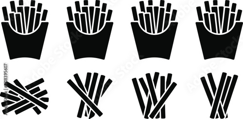 Minimalist collection of French fries silhouette icons in containers and arranged patterns, fast food snack illustration for branding, culinary design, restaurant menu, 