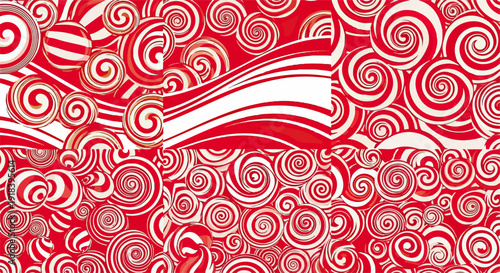 Sfondo festivo con motivo astratto di spirali rosse e bianche che evocano dolci natalizi e caramelle.