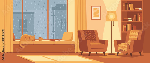 Cozy living room interior on a rainy day with a sleeping ginger cat on the windowsill, warm coffee, armchairs with blankets, a bookshelf, and soft lighting in a flat vector illustration style.