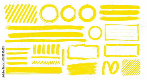 Collezione di tratti di evidenziatore giallo, linee, cerchi e rettangoli disegnati a mano, ideali per grafica, appunti e design web.