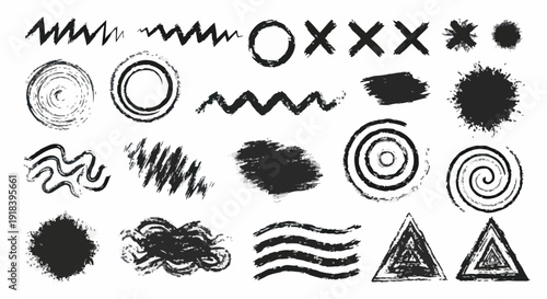 Raccolta di elementi grafici grunge disegnati a mano, pennellate astratte e forme testurizzate, perfette per design creativo e artistico.