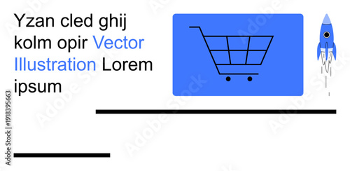 E-commerce, online shopping, technology growth, digital sales, innovation, globalization. A shopping cart icon and rocket within a modern layout. E-commerce and online shopping growth concept
