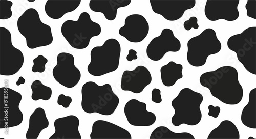 Un motivo senza cuciture distintivo con macchie di mucca in bianco e nero, ideale per sfondi, design tessili e progetti creativi.