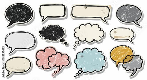 Una collezione di fumetti e nuvolette di pensiero disegnati a mano con texture grunge, perfetti per la comunicazione visiva e il design creativo.