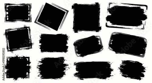 Collezione di cornici e pennellate nere grunge, texture distressed, ideali per elementi di design grafico e sfondi astratti.
