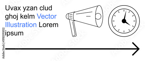 Communication, time management, deadlines, progress, announcements, tracking. Megaphone and clock on a plain background with an arrow. Communication and time management concept