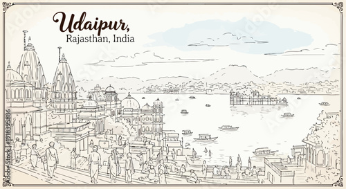 Schizzo dettagliato di Udaipur, Rajasthan, India, che mostra l'iconico paesaggio urbano, i templi e il sereno lago Pichola.