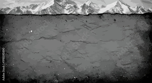Monochromatyczna ilustracja grunge przedstawiająca ośnieżone góry na tle pogniecionej, ciemnej tekstury, idealna do dramatycznych projektów.