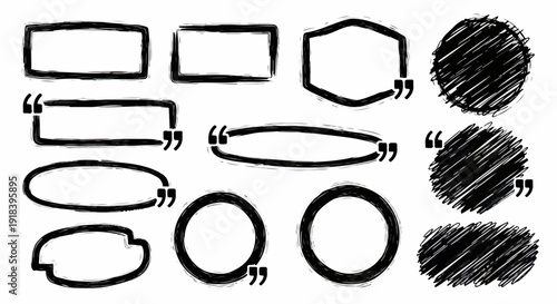 Collezione di cornici e fumetti schizzati disegnati a mano con virgolette, perfetti per progetti di design creativo e messaggi.